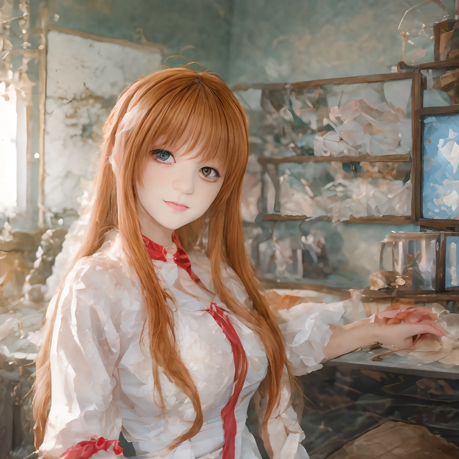 there is a young anime girl with long red hair and white shirt posing in a room, seductive anime girl, painted in anime painter studio, ecchi anime style, smooth anime cg art, anime girl with long hair, visual novel cg, semi realistic anime, red waist-long hair, beautiful alluring anime teen, holo, nsfw, innocent and lustful, innocent but lustful, kawaii, anime girl cosplay, anime cosplay, close up of a young anime girl, professional cosplay, loli, cosplay photo, cosplay