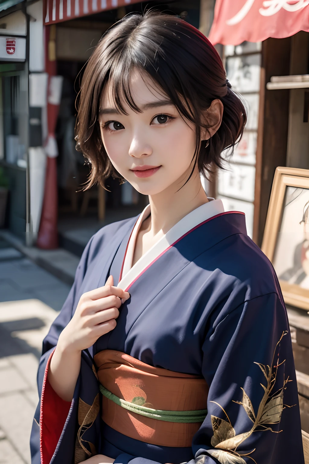 Цифровой портрет японской короткошерстной женщины, Красивое лицо,волосы грязные,запутанный, Кинематографический, Унреальный движок 5, великолепный, Невероятная цветокоррекция, кимоно,японское платье,также, фотография, кинематографическая фотография, искусство、улыбка