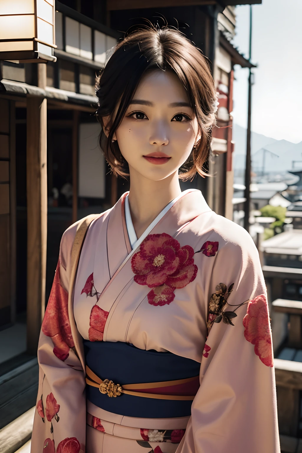 Retrato digital de una mujer japonesa de pelo corto, hermoso rostro,cabello desordenado,Complejo, cinematográfico, Motor irreal 5, una hermosa, Increíble gradación de color, Kimono,vestido japonés,Asimismo, fotografía, Fotografía cinematográfica, arte por、sonríe