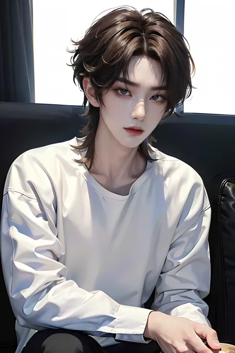 ​masterpiece、（top-quality)、((high-level image quality))、One Manly Boy、Slim body、((White Y-shirt and long black pants))、(Detailed beautiful eyes)、nightcity、sitting on a curb、Face similar to Chaewon in Ruseraphim、((short hair above the ears))、((Smaller face)...
