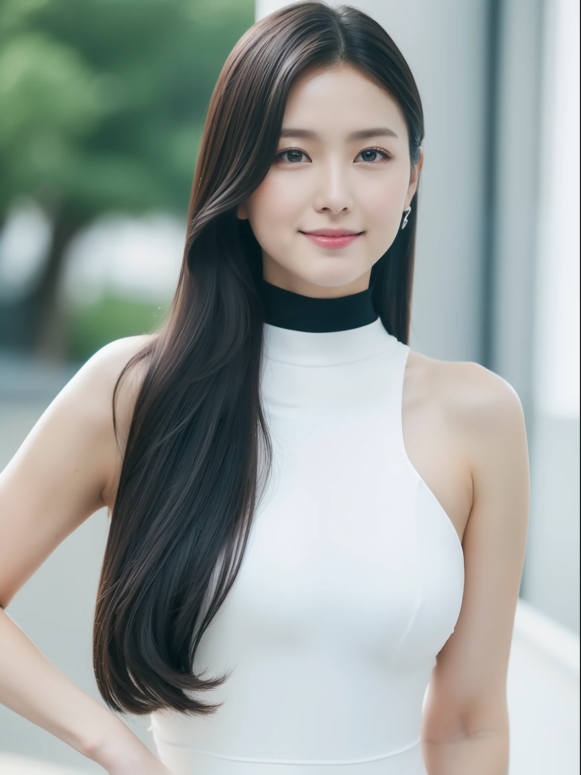 ulzzang -6500-v1.1, (Raw photo:1.2), (Photorealsitic:1.3), huge filesize, hight resolution, ighly detailed, top-quality, [​masterpiece:1.6], illustratio, ighly detailed, nffsw, finely detail, top-quality, 8k wallpaper, Woman walking by the pool、(1 girl in),、cowboy  shot、People with Japan、Hourglass-shaped body shape, ((Big breasts with tension、Disproportionately huge、heavy breasts))、Lori face、closes mouth、shyly smile、(Japan Black High Neck Bodycon Dress、Black High Neck Bodycon Dress、Black Japan High Neck Bodycon Dress:1.3)、swimming pools、dynamicposes(Photoreal: 1.4), (Hyper-realistic: 1.4), (Realistic: 1.3), (Smooth lighting: 1.05), (Improved cinematic lighting: 0.9), Realistic lighting, Backlight, Face Light, raytrace, (Whitening light: 1.2), (Image enhancement: 1.4), ( Top quality real skins: 1.4), Narrow eyes, Fine face, Narrow eyes, (Body Line Mood Increase: 1.1),  (Skin Texture Enhancement Beauty: 1.1),