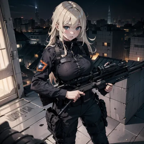 (Female soldier with well-trained body)、((Peek into the gun site of a sniper rifle:1.4))、1 Women、thick body、(Black combat unifor...
