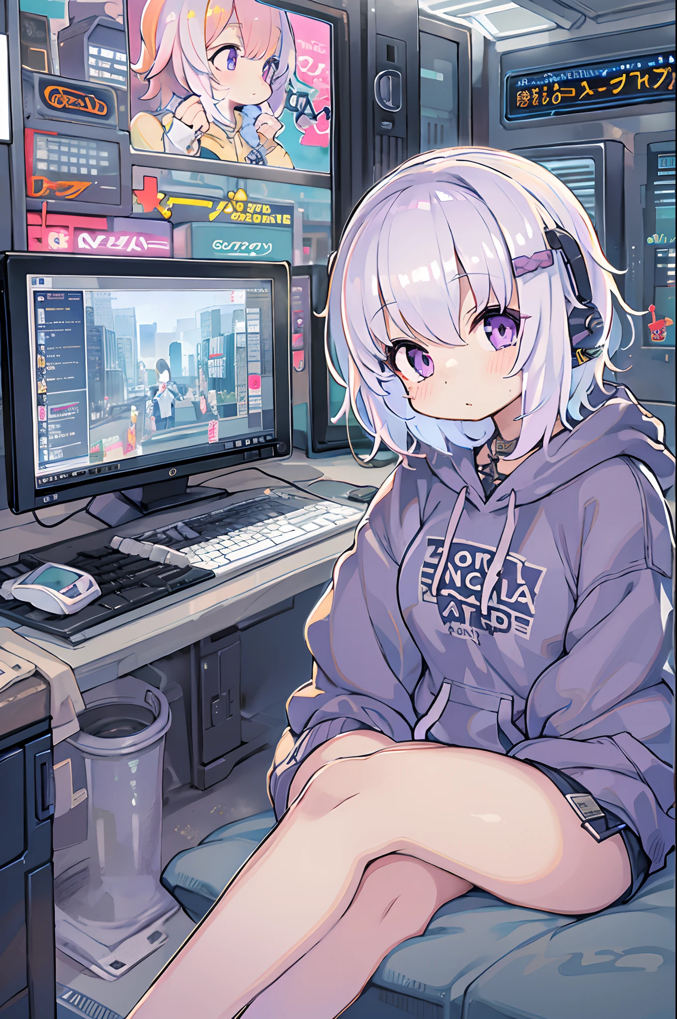 fille animée, cheveux courts blancs, yeux violets, sweatshirt à capuche, Ordinateur personnel, banderole, vtuber, style de rue