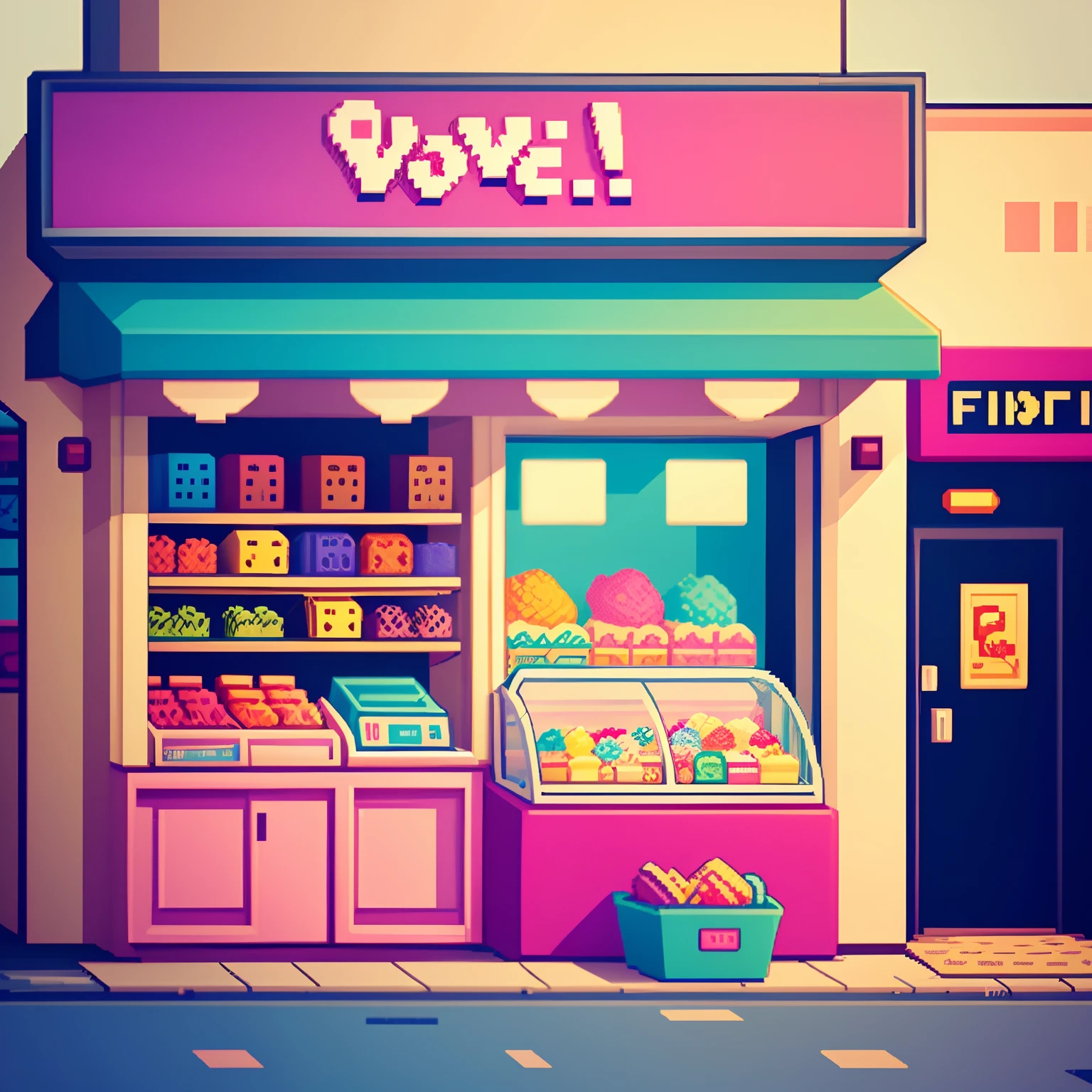 像素艺术　可爱的商店　糖果店　冰淇淋　復古電玩遊戲的低保真度　低保真插画风格　8 位像素艺术　像素艺术