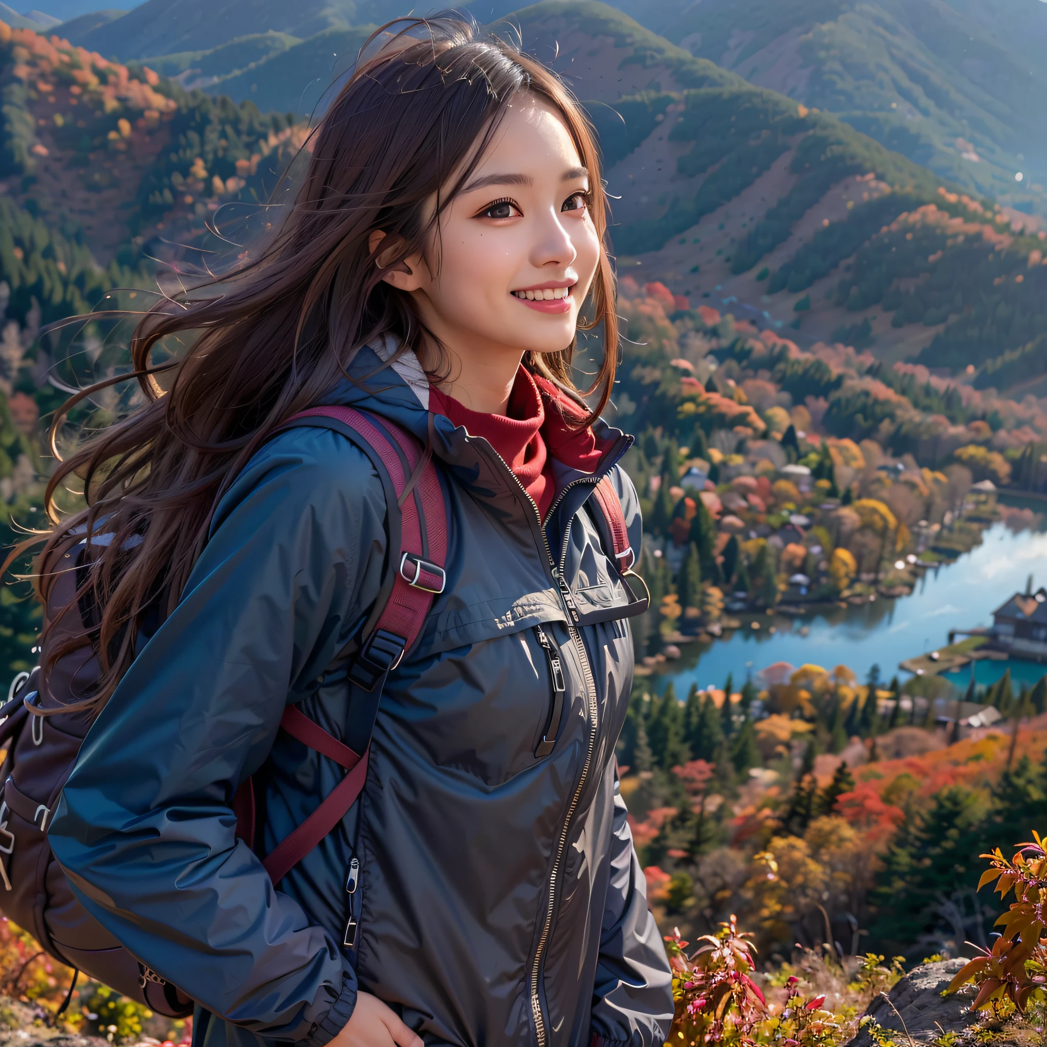 (Nature-scape photography), (best quality), masterpiece:1.2, ultra high res, photorealistic:1.4, RAW photo, (Magnificent mountain, sea of clouds), (On a very high mountain peak), (Blue sky in autumn, Red-colored forest), (wide angle shot), 
(1girl), (Photo from the knee up:1.3), (looking at the audience), (18 years old), (smile:1.2), (shiny skin), (real skin), (semi-long hair, dark brown hair)
(windbreaker), (Trekking-pants), (Carrying a large backpack), 
(ultra detailed face), (ultra Beautiful fece), (ultra detailed eyes), (ultra detailed nose), (ultra detailed mouth), (ultra detailed arms), (ultra detailed body), pan focus