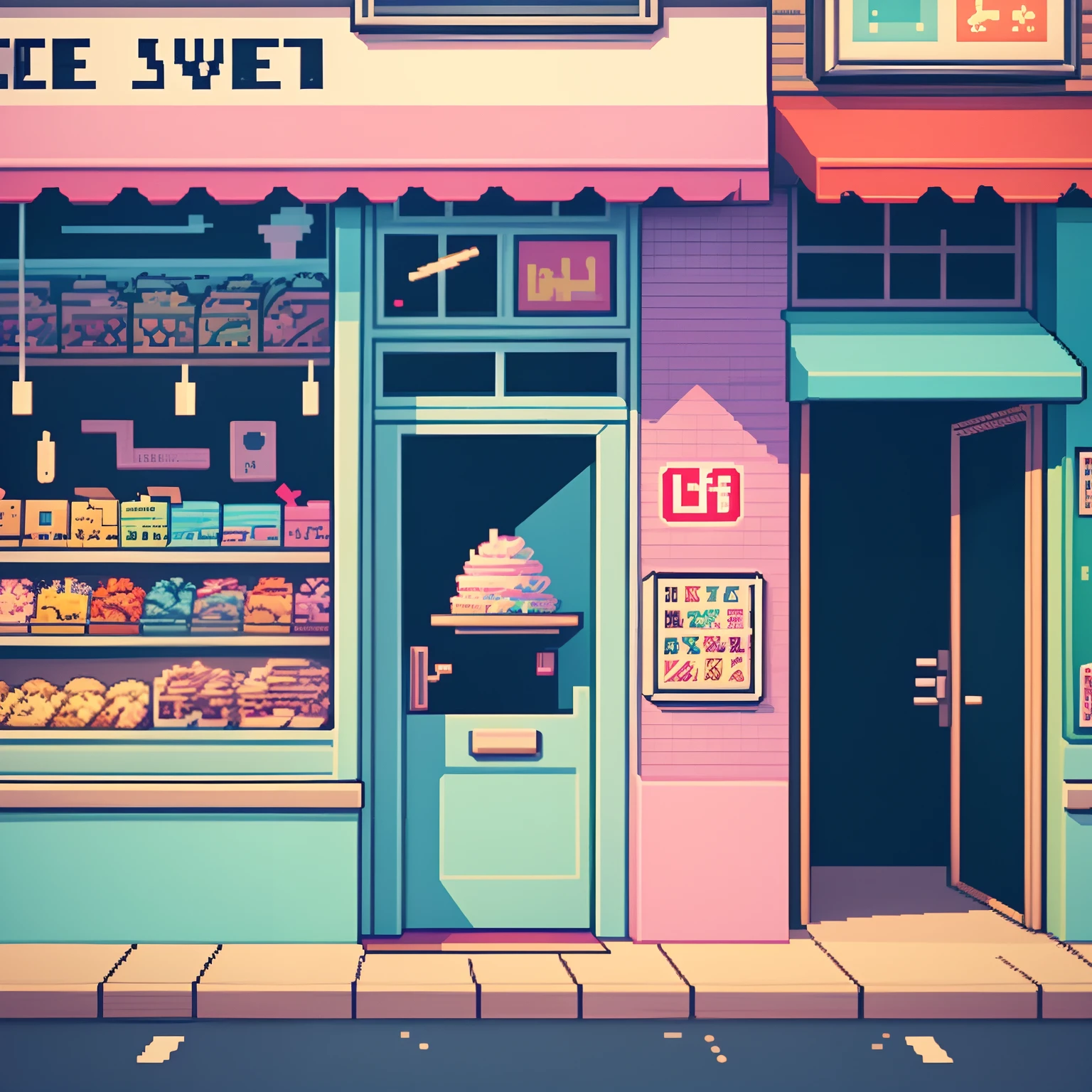 Illustration of a bakery with a pink awning and a blue door - SeaArt AI