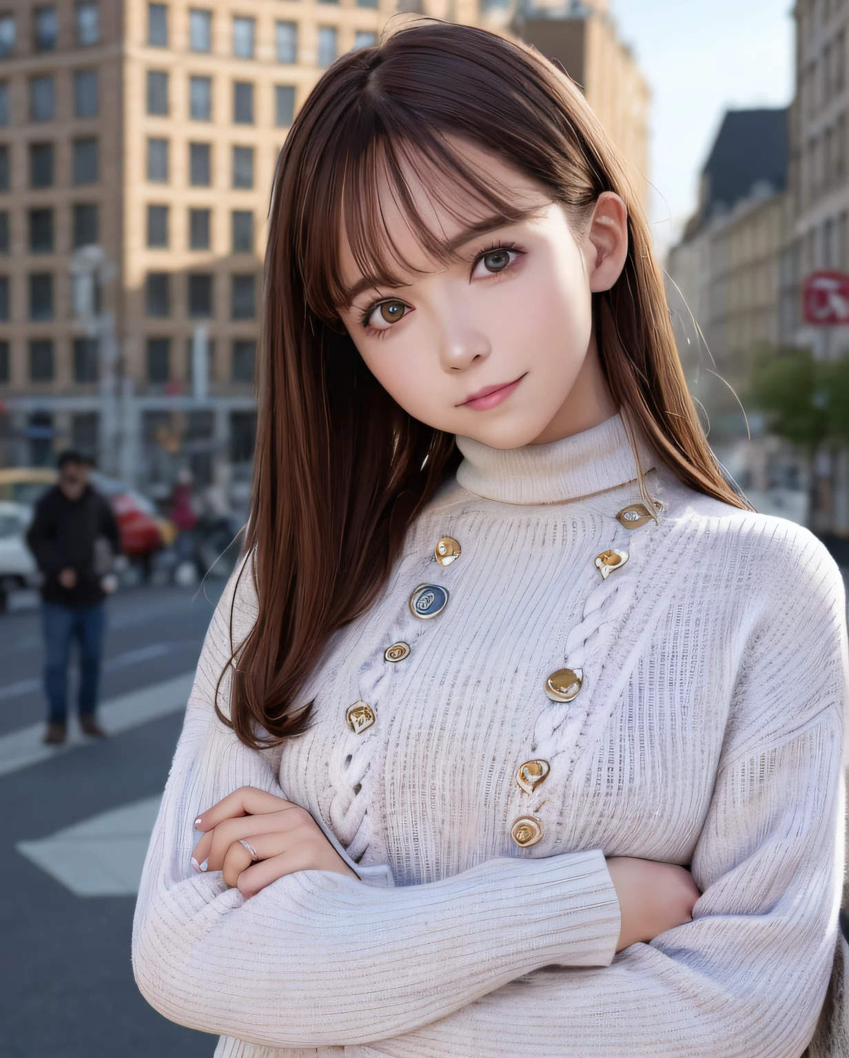 best quality, photorealistic, 8k, high res, 1girl, woman, (skindentation), (portrait:0.6), ((cityscapebackground:1.52)), full color, ((smallsize round breast, highneck sweater:1.5)), straight-looking at viewer:1.8, (1girl eyes looking at viewer:1.45, medium-length hair, blackhair, partedbangs:1.45), (bokeh),