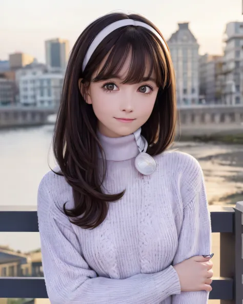 best quality, photorealistic, 8k, high res, 1girl, woman, (skindentation), (portrait:0.6), ((cityscapebackground:1.52)), full color, ((smallsize round breast, highneck sweater:1.5)), straight-looking at viewer:1.8, (1girl eyes looking at viewer:1.45, mediu...