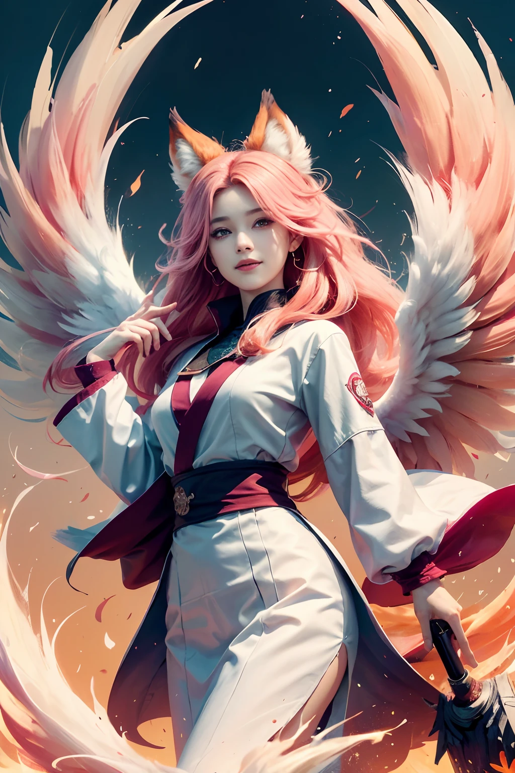 1fille,seulement, Art officiel souriant et heureux, unité 8k fond d&#39;écran, ultra détaillé, Beau and aesthetic, Beau, chef-d&#39;œuvre, Meilleure qualité, Sorcière Kitsune, Masque Kitsune, Veste haori rose et blanche, sort de feu de renard, Le renard est familier, transformation,profondeur de champ