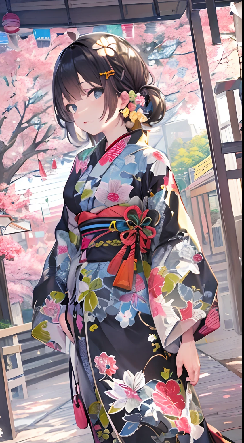 (​masterpiece),((top-quality)),(offcial art),(Beautiful and indulgent:1.2),(1girl in:1.3),Face peel the front,Small breasts,((Shortcut black hair beauty)),breasts are small、BREAK,Beautiful woman wearing yukata with bright design inspired by summer festival,Detailed drawing。Vibrant colors。colourfull、highestdetailed ((ultra-detailliert)),(Highly detailed 2D illustrations),((Extremely delicate and beautiful))Super Detail,From below,