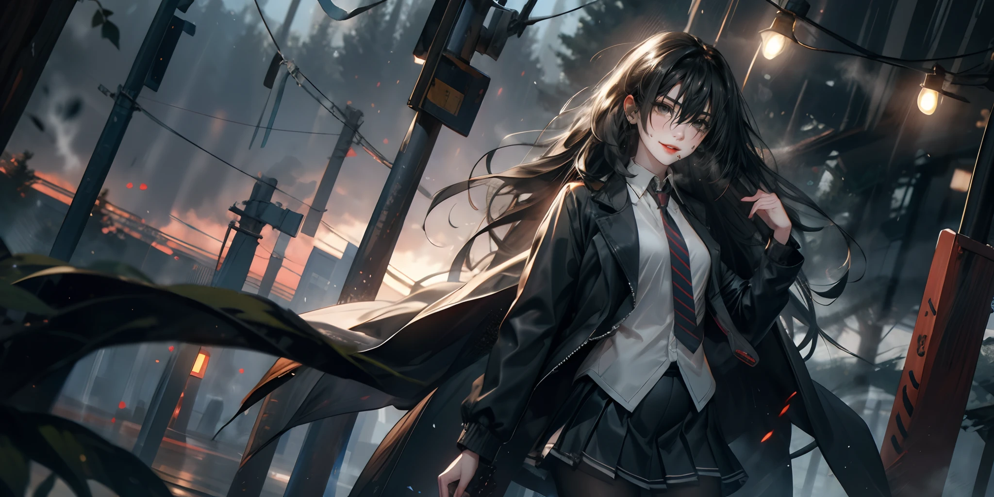 KirukiruAmou, (black hair, long hair, black eyes:1.4),  1girl, skirt, long_hair, necktie, black_hair, power_lines, blue_eyes, solo, pleated_skirt, outdoors, very_long_hair, smile, jacket, shirt, school_uniform, tree, bangs, standing, open_clothes, eyebrows_visible_through_hair, sky, long_sleeves, looking_at_viewer, telephone_pole, black_skirt, blush, hand_in_pocket, wing_collar, miniskirt, white_shirt, cowboy_shot, open_jacket, collared_shirt, bare_tree, hand_up, striped_neckwear, sign, lamppost, fog, steaming body,