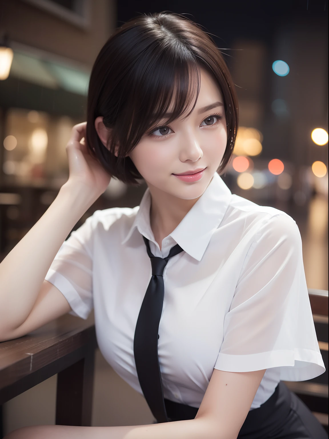 (8k, Best Quality, Masterpiece: 1.2), (Realistic, Photorealistic: 1.37), Super Detailed, 1 Girl, Cute, Alone, Beautiful Detailed Sky, Detailed Cafe, Night, Sitting, Date, ( Nose blush), (smile: 1.15), (close mouth) small breasts, beautiful details, (collared shirt: 1.1), night, wet, business wear, rain, white lace, (short hair: 1.2), floating Hair NovaFrogStyle,