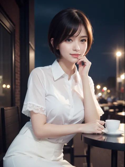 (8k, Best Quality, Masterpiece: 1.2), (Realistic, Photorealistic: 1.37), Super Detailed, 1 Girl, Cute, Alone, Beautiful Detailed Sky, Detailed Cafe, Night, Sitting, Date, ( Nose blush), (smile: 1.15), (close mouth) small breasts, beautiful details, (collar...