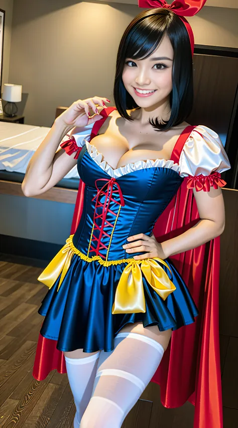 1girl, cute, kawaii,(smile:0.9),(dimple:1.2), 16years old, large breasts, narrow waist,wide hip,straight hair, short hair, black eyes, white fine skin,small mouth,slender, sexy pose,(cleavage:1.2),
snow white costume, silk blue corset, red white slashed pu...