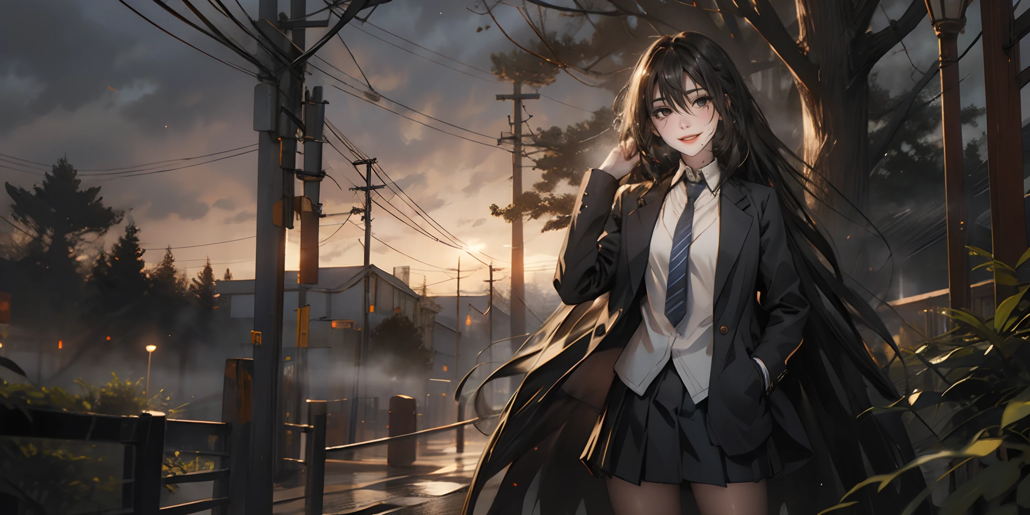 KirukiruAmou, (black hair, long hair, black eyes:1.4), 1girl, skirt, long_hair, necktie, black_hair, power_lines, blue_eyes, solo, pleated_skirt, outdoors, very_long_hair, smile, jacket, shirt, school_uniform, tree, bangs, standing, open_clothes, eyebrows_visible_through_hair, sky, long_sleeves, looking_at_viewer, telephone_pole, black_skirt, blush, hand_in_pocket, wing_collar, miniskirt, white_shirt, cowboy_shot, open_jacket, collared_shirt, bare_tree, hand_up, striped_neckwear, sign, lamppost, fog, steaming body,