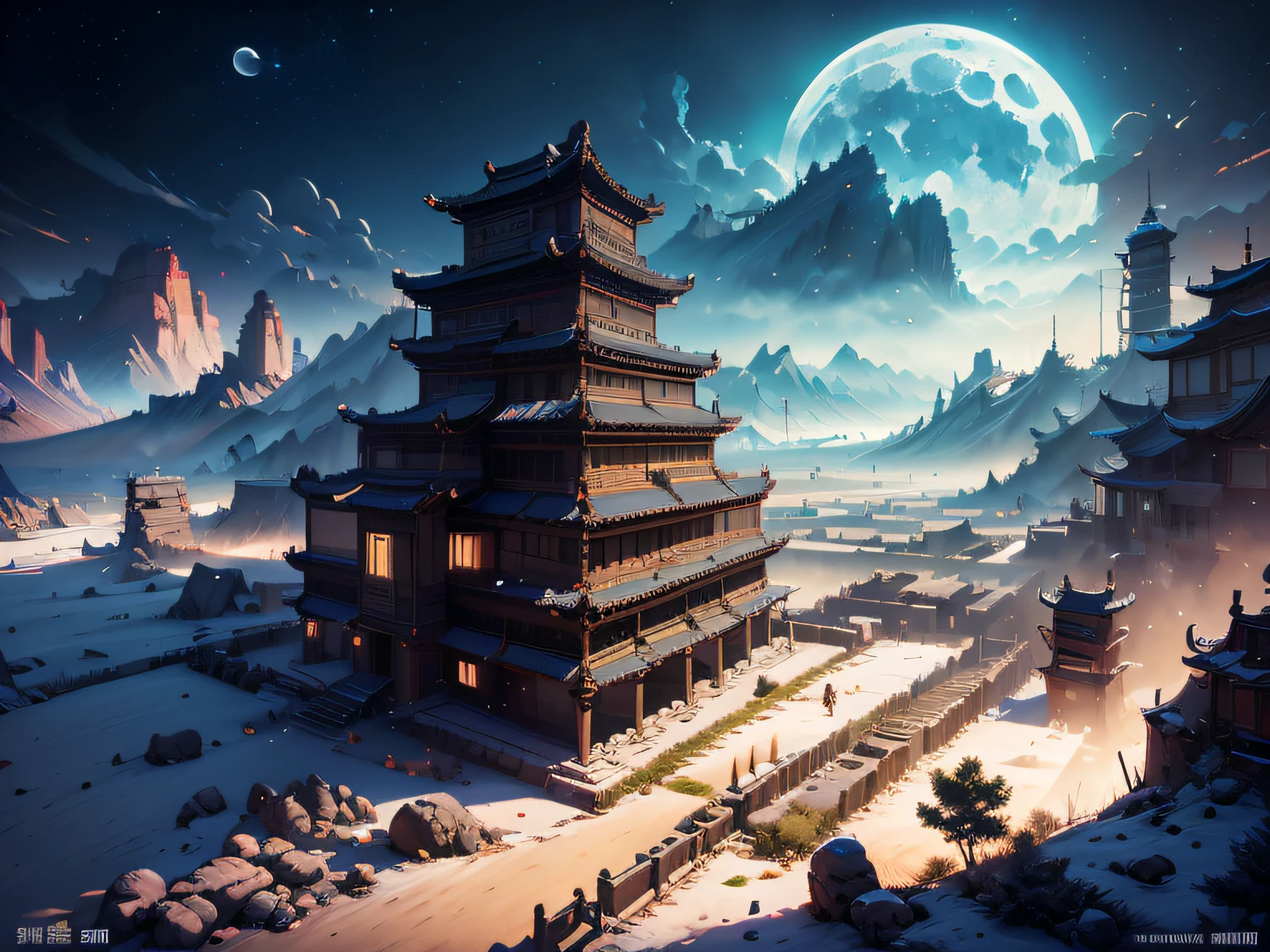 Surrealism, ray tracing, vignetting, atmospheric perspective, panorama, UHD, retina, masterpiece, anatomically correct, textured skin, high quality, high details, best quality, 8k，Today's people do not see the moon of ancient times，This month used to shine according to the ancients。