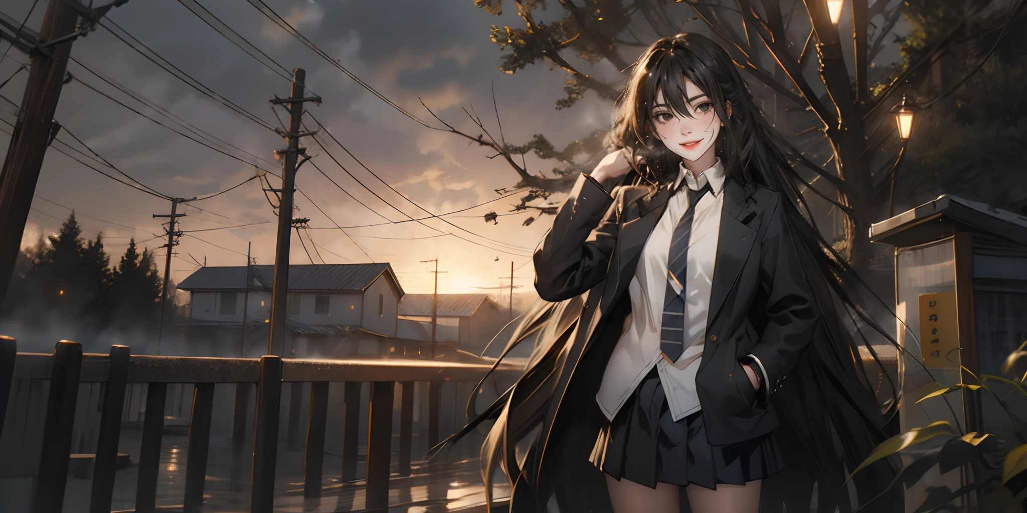 KirukiruAmou, (black hair, long hair, black eyes:1.4), 1girl, skirt, long_hair, necktie, black_hair, power_lines, blue_eyes, solo, pleated_skirt, outdoors, very_long_hair, smile, jacket, shirt, school_uniform, tree, bangs, standing, open_clothes, eyebrows_visible_through_hair, sky, long_sleeves, looking_at_viewer, telephone_pole, black_skirt, blush, hand_in_pocket, wing_collar, miniskirt, white_shirt, cowboy_shot, open_jacket, collared_shirt, bare_tree, hand_up, striped_neckwear, sign, lamppost, fog, steaming body,