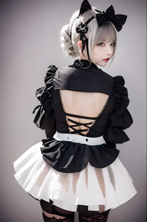 parfect anatomy、top-quality、masuter piece、ultra-detailliert、8ｋ、Correct depiction of the human body、Full Body Angle、Delicately drawn face、Pretty face woman、Gothic Lolita Fashion、Black Gothic Lolita Fashion、Black and white costume、Red big hair ornament、Red r...