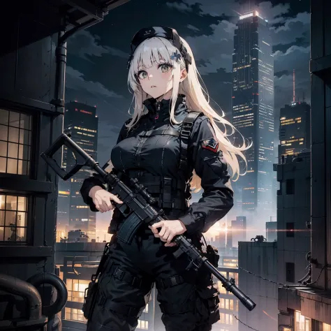 (Trained Female Soldiers)、((holding weapons、holding rifle、Aim、Aim、fire:1.4、guns、h&k hk416))、1 Women、thick body、(Black combat uni...