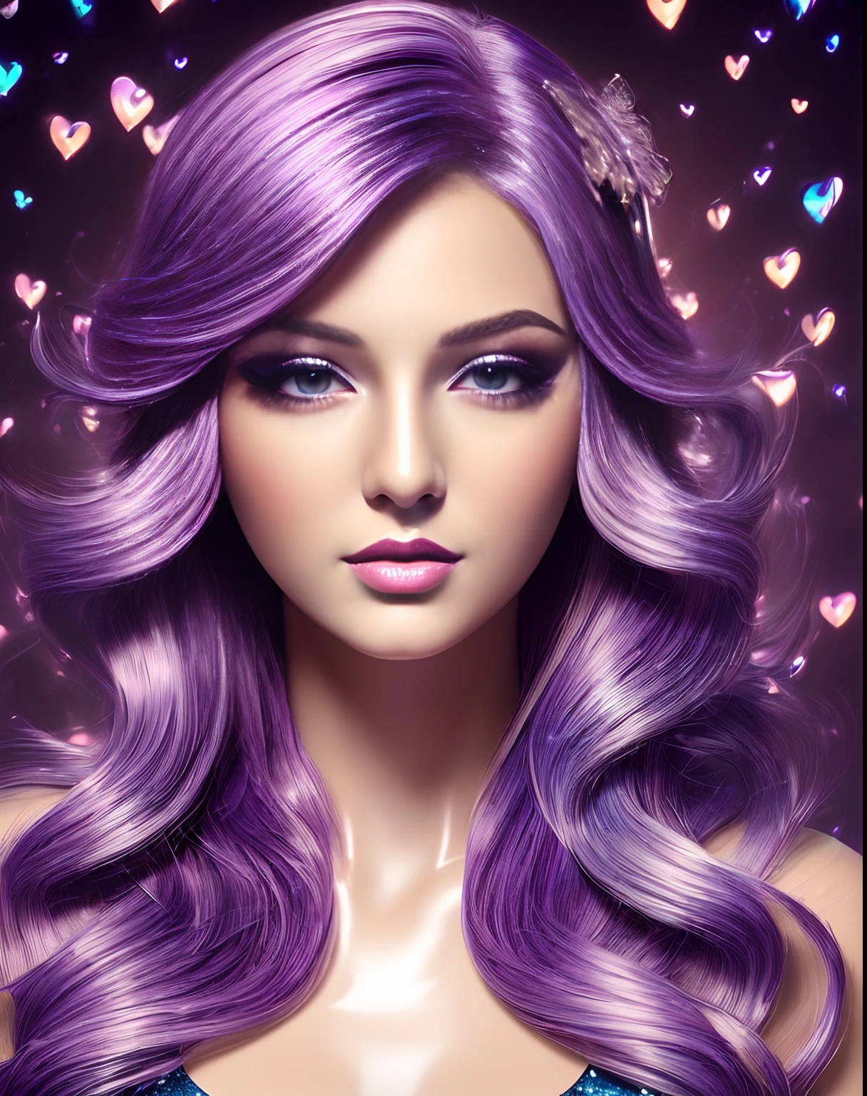 (шедевр, Лучшее качество, глянцевый, красивое цифровое искусство:1.4), (потрясающая 21-летняя женщина:1.6), мечтать в цвете, крупный план, фиолетовые волосы, (составить:1.3), (super глянцевый:1.3), Ультрадетализированный, безумно сложный, обои, 8К