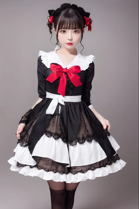 parfect anatomy、top-quality、masuter piece、ultra-detailliert、8ｋ、Correct depiction of the human body、Full Body Angle、Delicately drawn face、Woman with a pretty face、Gothic Lolita Fashion、Black Gothic Lolita Fashion、Black and white costume、Red big hair ornamen...