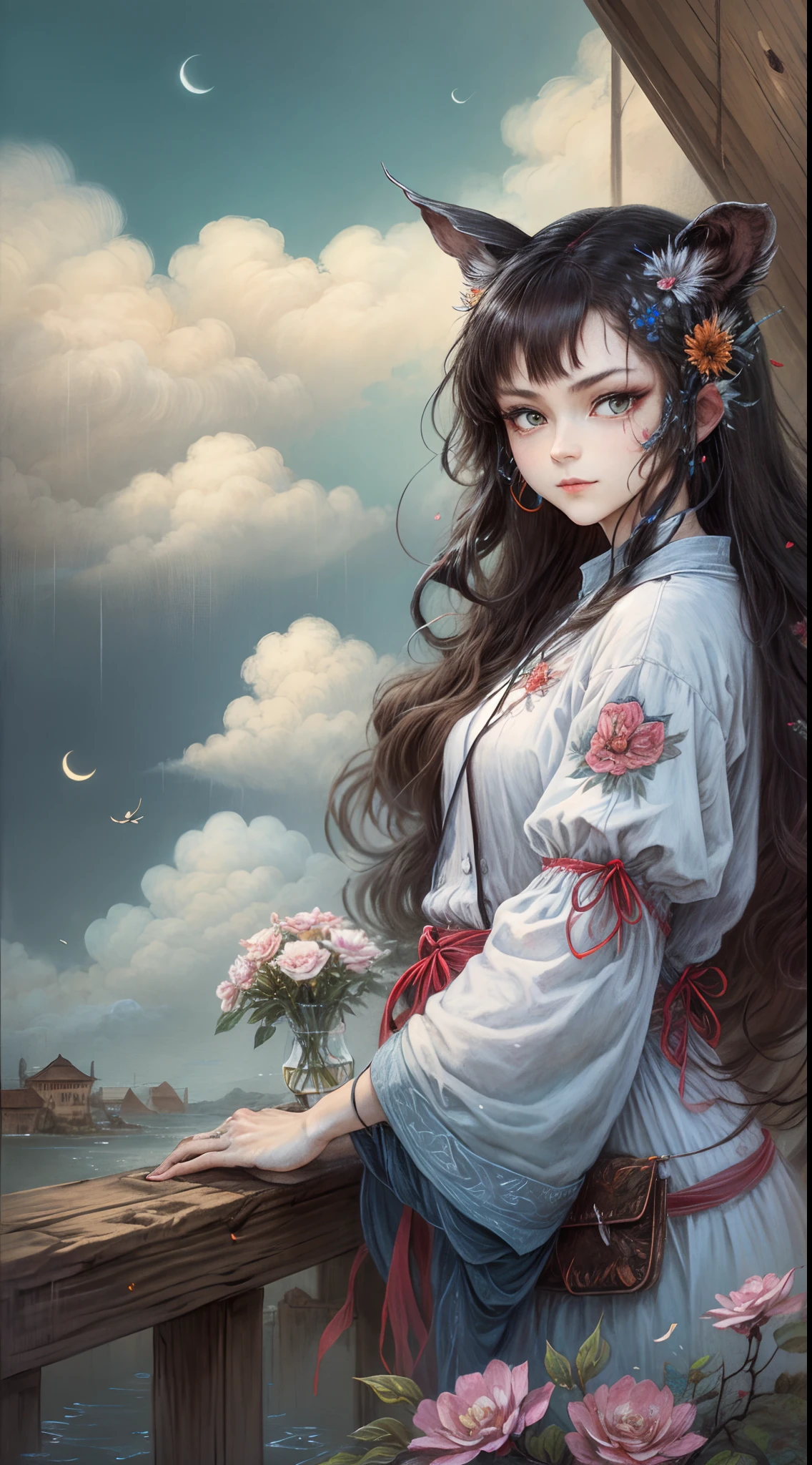 (Best quality,4K,8K,A high resolution,Masterpiece:1.2),Ultra-detailed,Yamazawa， themoon， Clouds， Skysky，Smart rabbit， 1girll， long whitr hair， 独奏， brunette color hair，standing on a bridge，painting of a（curly）， natta， jewely， Traditional media， fresh flowers， high high quality，