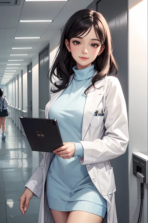 1lady solo doctor, /(labcoat sweater/), mature female, /(black hair/), blush kind smile, (masterpiece best quality:1.3) delicate...