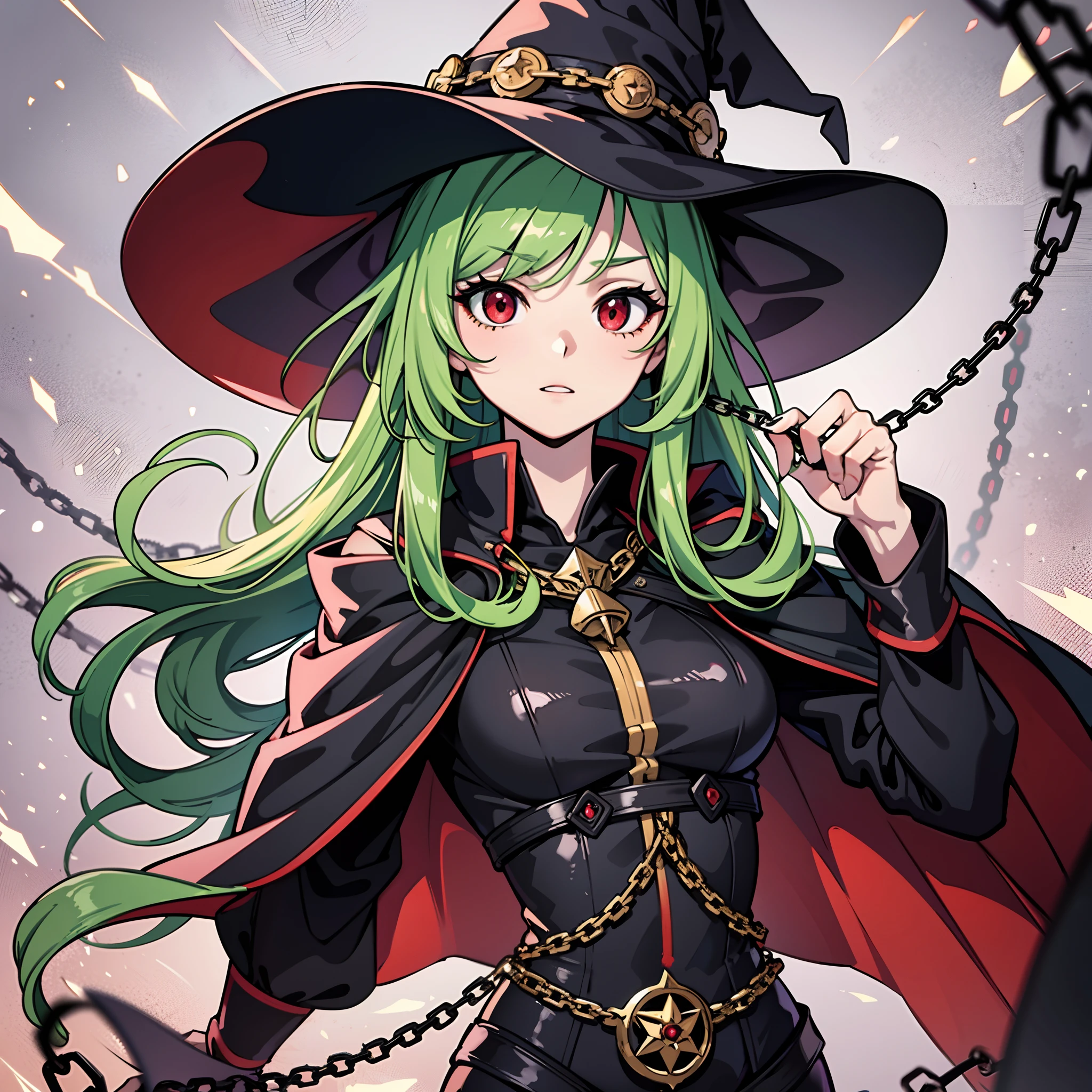 upper body, 1woman, green hair, Long Haired, red eyes, ((witch)), black cape, big breats, wallpaper, chain background, light particles, ((masterpiece)), ((best quality)), ((Top Quality)), pale white skin, solo,