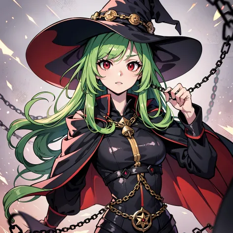 upper body, 1woman, green hair, long haired, red eyes, ((witch)), black cape, big breats, wallpaper, chain background, light par...