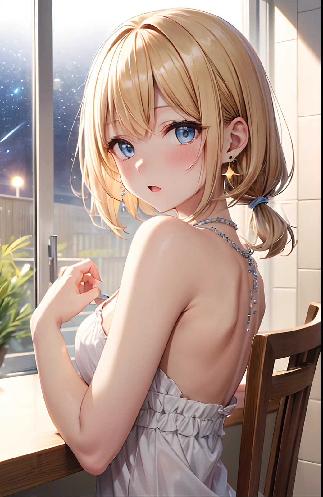 absurderes, ultra-detailliert,bright colour, extremely beautiful detailed anime face and eyes,Indoors, gaze at the audience,(You can see the starry sky from the window:1.2),(Pleasant face:1.4), bow ribbon, window,浴室、Wash your body in the shower,Chair,Hide your chest with steam,blur,closing eye,Opening Mouth,barechested、 from the rear, feet outside the frame, depth of fields, 25 years old,Short hair, , asymmetrical bangs, Blonde hair with short twin tails, Shiny hair, Delicate beautiful face, red blush、Blue eyes, White skin, hair clips, earrings, a necklace,nighttime scene