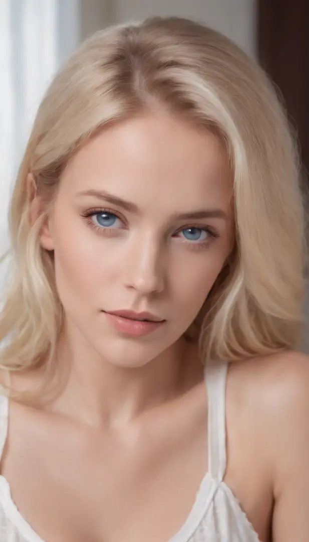 beautiful blond hair,blue eyes,female breast,small white tank top,bedroom scene