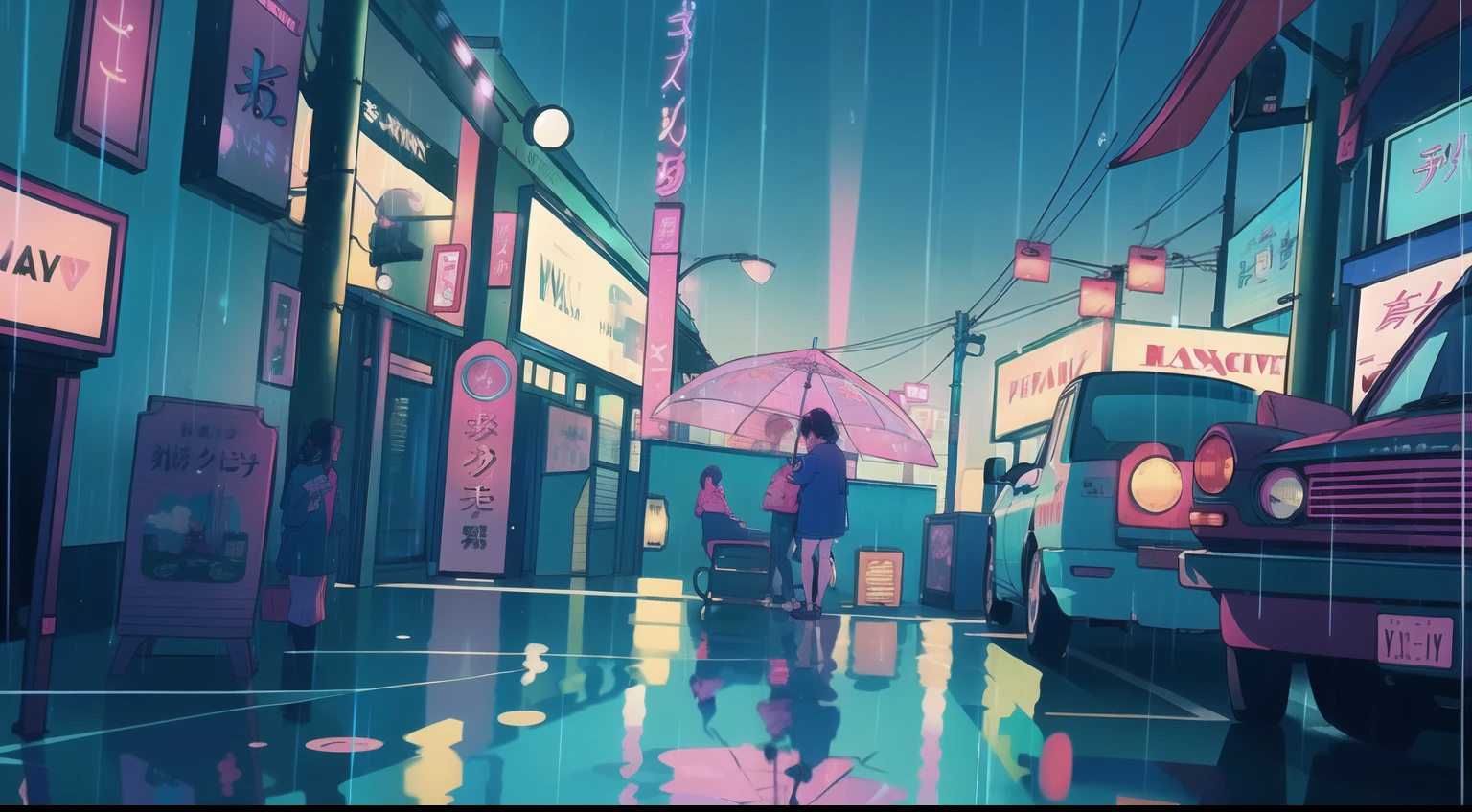 Rain-soaked street, Colorful umbrellas dot the cityscape with blue and pink splashes. Neon sign in retro style、Reflection of wet pavement, Establishment of the Lower Urban Symphony. Soft piano melodies set the mood, Evokes a calm and meditative atmosphere. a person々Flock to a cozy café, While the rain is dancing outside、Drink hot drinks, Turn the city into a serene lofi,motor bikes,A city scape,nighttime scene