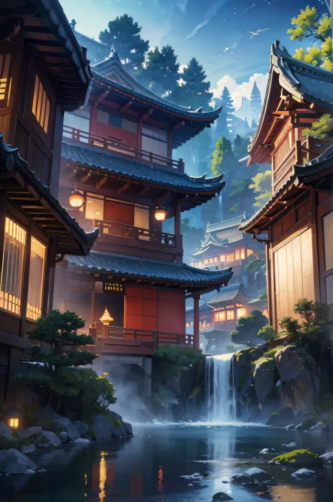 (Fisheyes,masterpiece,top quality,best quality,official art,beautiful and aesthetic,animation:1.2),East Asian architecture,scenery,moon,sky,flying birds,waterfall,outdoors