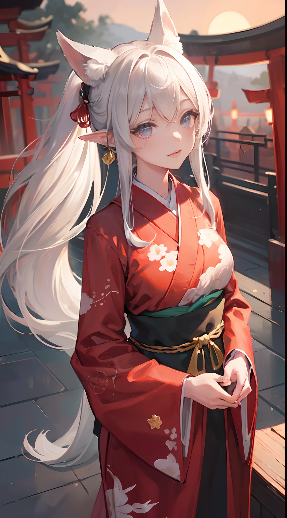 ((masutepiece)), ((Best Quality)), (ultra-detailliert), ((Extremely detailed)), 4, (8K), Best Quality, (Beautiful), grayscales, Traditional Chinese ink painting style, Night, Moon, Starry sky, autumnal, torii gate、shrines、Pretty women, Solo, Beautiful floral kimono, Beautiful silver hair, beautiful gold eyes, ((beautidful eyes)), Long ponytail, (Silvery fox ears), lightsmile, is standing