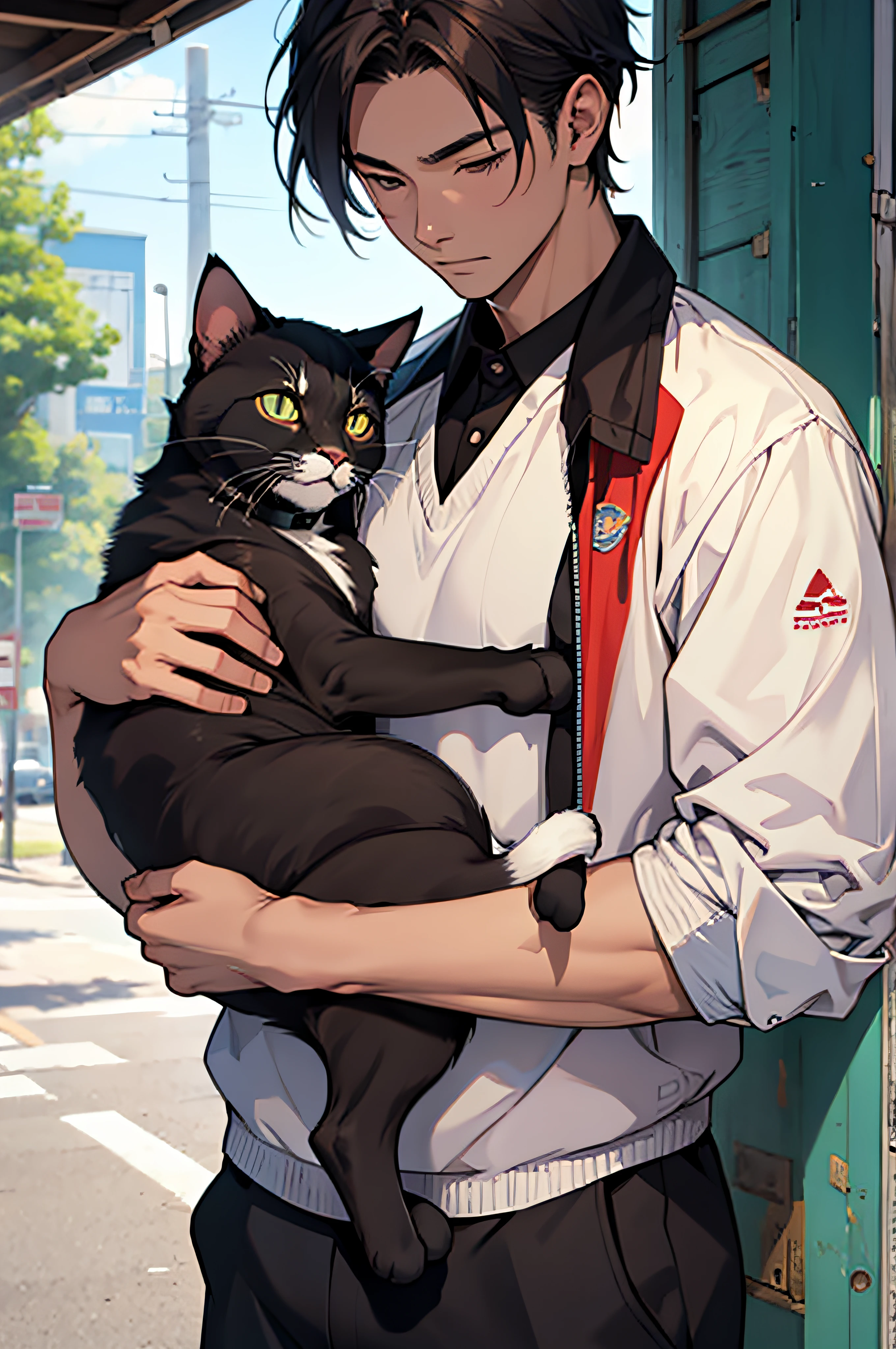 Anime guy holding a cat in his arms on the street - SeaArt AI