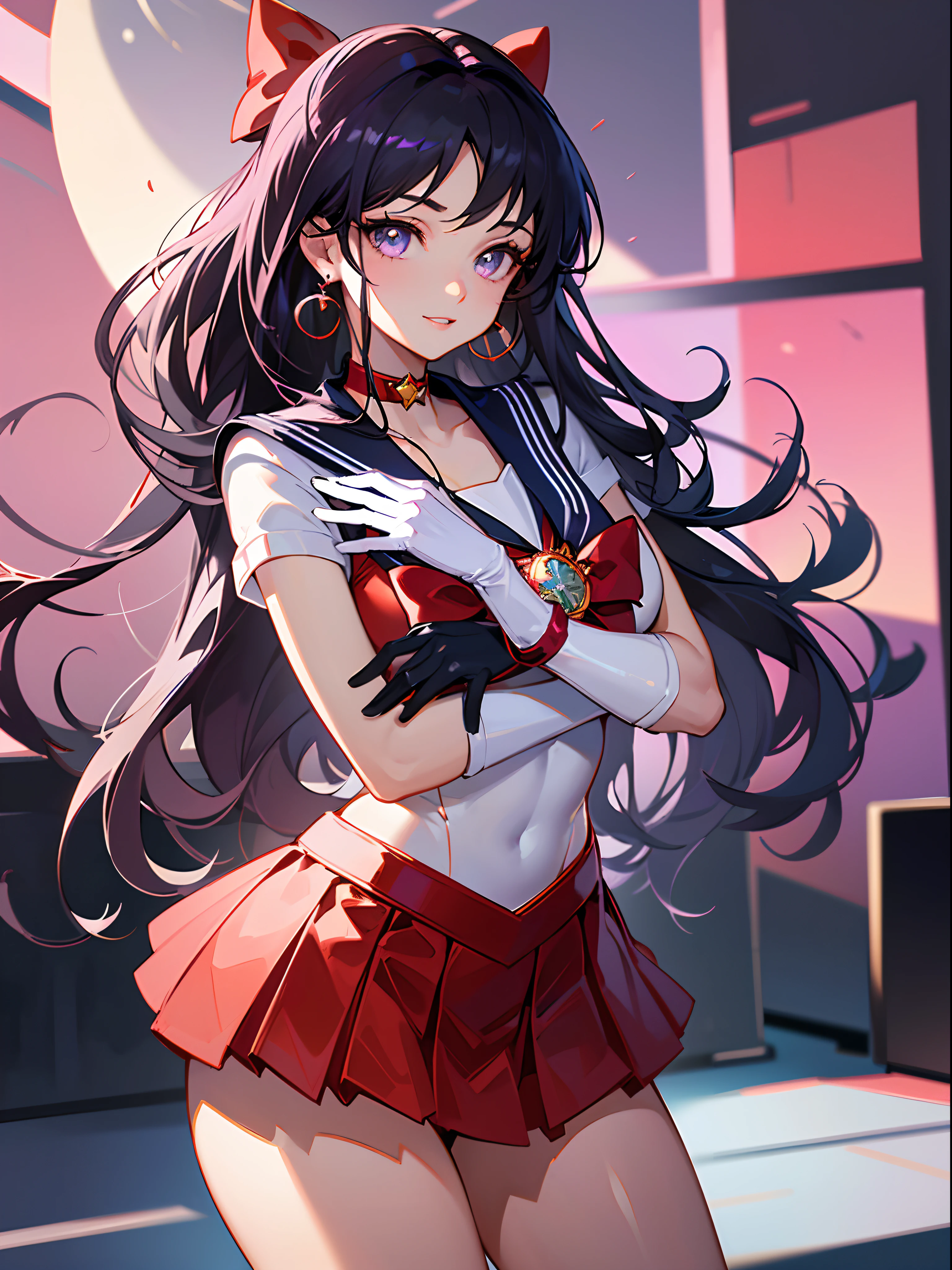 Masterpiece, full: 1.5, Stand, 8K, Ultraphotomicrography, Top quality, Super Detail CG Unity 8k Wallpaper,  Intricate details, (1 lady), 18 years old, Shiny crimson front mini skirt: 1.4,(SAMA1,Red sailor color,Sailor senshi uniform: 1.2，sailor mars: 1.2), Incredibly straight purple-black hair: 1.2, Beautiful straight hair: 1.2,((The purple bow in the center of the chest is very large: 1.4,Wear red gloves on your elbows: 1.1,Enamel long knee high boots: 1.3, Saturated crimson red collar,White latex long gloves,There is a very large red bow behind the waist: 1.1, Red necklace,Red Star earrings)),long hair,bangs,(Seductive smile, very pretty look face, Face details: 1.5, Bright purple eyes, Beautiful face, Beautiful eyes,Thin lips: 1.3, slender, Double lashes),Visible pores, Perfect hands: 1.5, (Suitable for high-gloss white holographic leather), Octane rendering, Intense natural light, Sunlight, exquisite lighting and shadows, Digital SLR, Maximum clarity and sharpness,