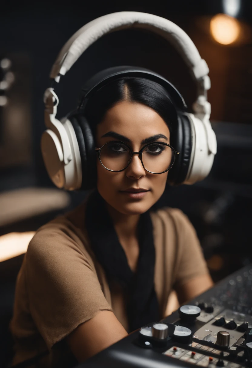 frontal vue SHE IS LOOKING AT YOU FRONTAL white Black hair girl attached in a bun with a casque recording an audio for podcast  with round  gold  glasses in a recording studio