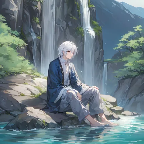 a white-haired boy，（Anime boys：1.2），（Sit on the water：1.1）A meditative，The water is calm，magnificent waterfalls，clear blue skies...