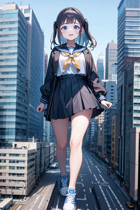 huge maiden in sneakers，a girl taller than a building，a sailor suit，short  skirt,crouch girl，train miniature toy in hand