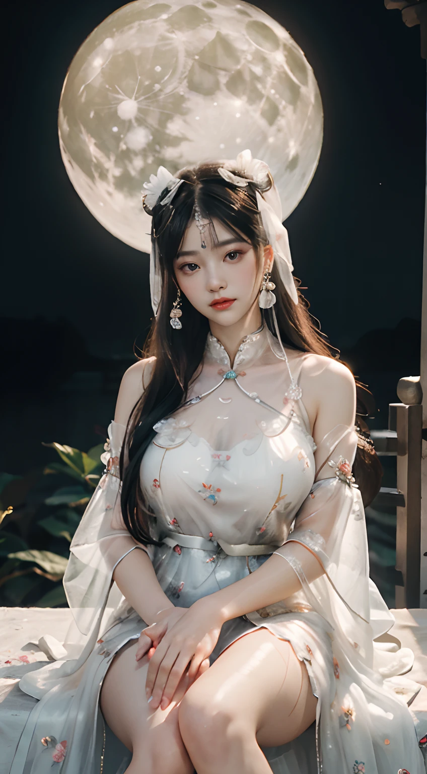 Chang'e，(((Hanfu)))，(((period costume)))，(((White gauze dress)))，(((Huge Moon)))，Rabbit ears，Skysky，Sit Pose，Top CG，Highest image quality，tmasterpiece，Delicate and delicate beautiful girl，(Tall and tall)，Royal Sister，Queen temperament，with fair skin，(((long leges)))，Perfect facial features，Bright eyes，Enchanting pose，Red lips，Beautiful and cold，(Big breasts),Beautiful and handsome，Long black silky hair，glittery，Skin is visible through see-through，(((Floral dress)))，8K quality，(Realistic portraits)，Characters fill the frame，((Face lighting)),(((((Clear and delicate hands)))))，White jade railings，