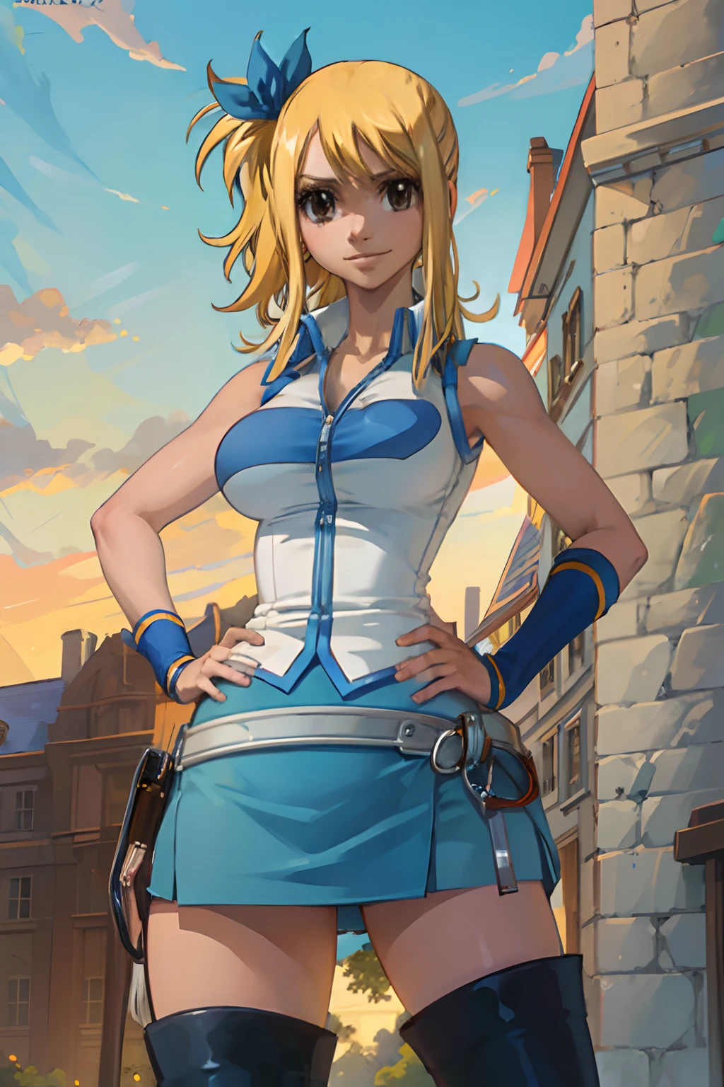 (masterpiece, best quality:1.2), solo, 1girl, lucy heartfilia, smile, looking ta viewer, hands on hips, blue sleeveless, miniskirt, thigh boots