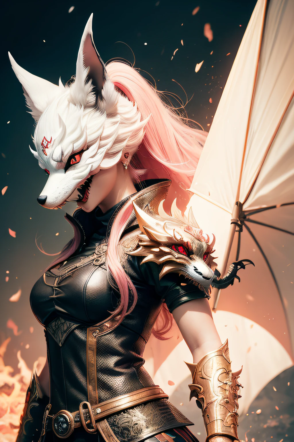 1 chica,Solo, Arte oficial sonriente feliz., fondo de pantalla de unidad 8k, ultra detallado, Hermoso and aesthetic, Hermoso, obra maestra, mejor calidad, bruja kitsune, máscara kitsune, Chaqueta haori rosa y blanca, hechizo de fuego de zorro, El zorro es familiar, transformación,profundidad de campo,