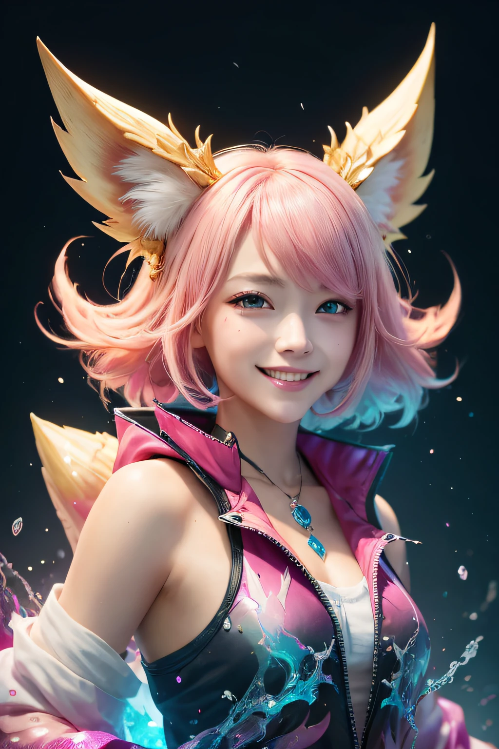 1girl,Solo, Happy smiling official art, Unity 8k wallpaper, Ultra detailed, Beautiful and aesthetic, Beautiful, Masterpiece, Best quality, Kitsune witch, kitsune mask, Pink and white haori jacket, Foxfire spell, The fox is familiar, Transformation,Depth of field,