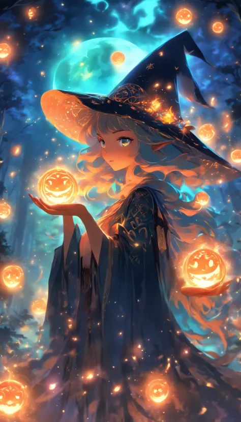 (Best Quality,4K,hight resolution),(Realistic:1.37),Witch casting orange glowing spell,Moonlight,magical fantasy forest,sparkling stars,Tree of Shadows,enchanting atmosphere,Sparkling fireflies,Mystical Orb,The witch's cloak fluttering in the wind,Ancient ...