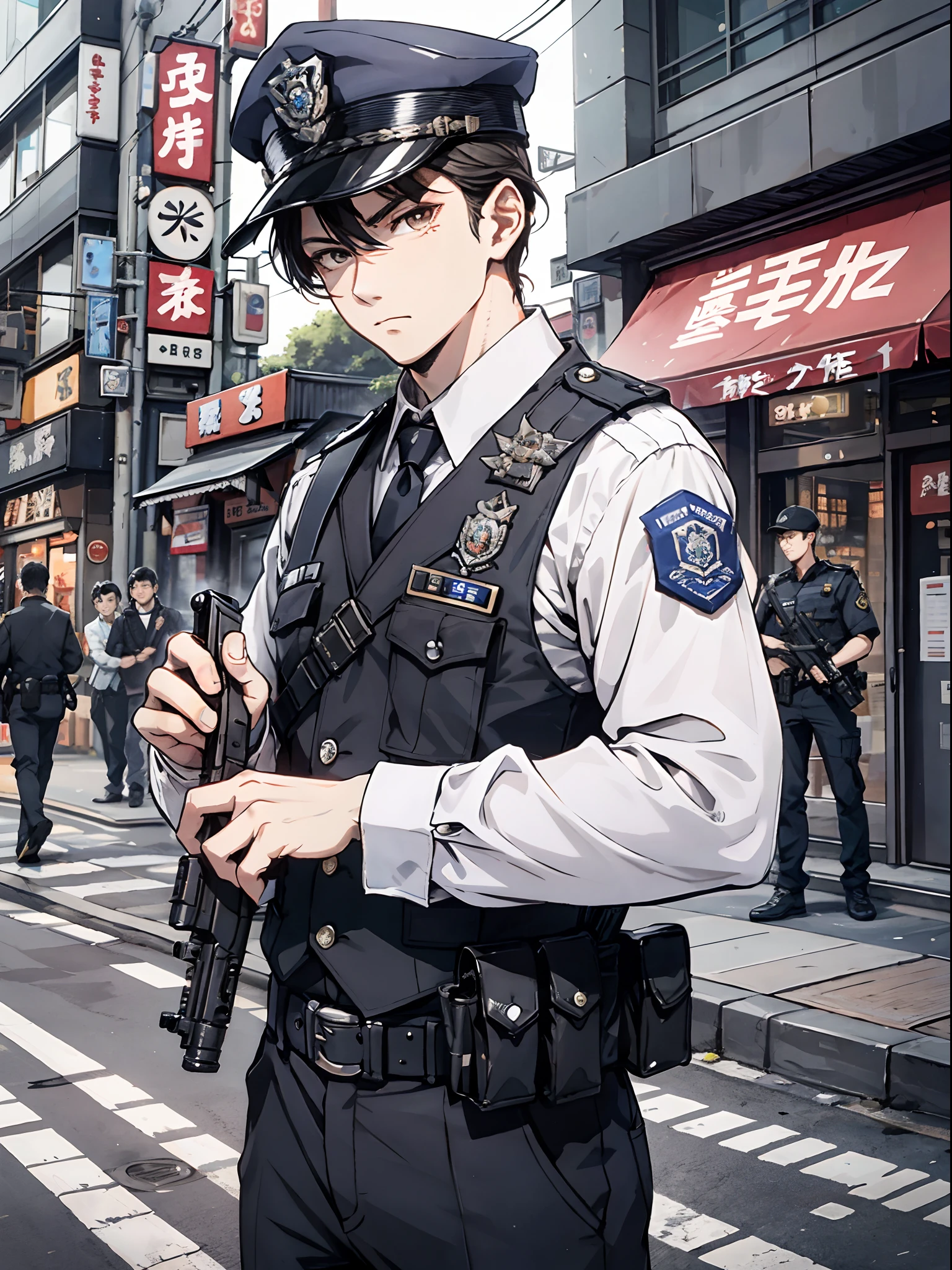 Ridiculous resolution，A high resolution，（tmasterpiece：1.4），Hyper-detailing，Young man，holding a pistol，routine patrol , Japanese Police officer, tokyo street, The expression is serious, glock17, solo