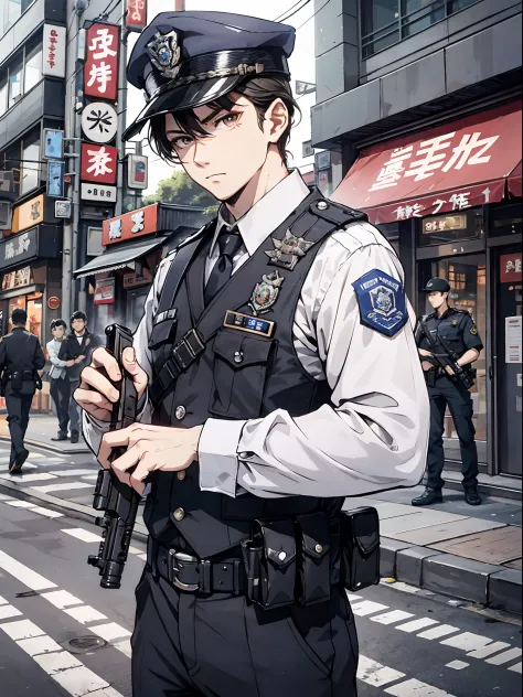 Ridiculous resolution，A high resolution，（tmasterpiece：1.4），Hyper-detailing，Young man，holding a pistol，routine patrol , Japanese ...