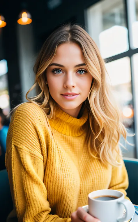 cute beautiful blonde wearing yellow sweater (drinking coffee inside a modern cafe at sunset), very detailed, 21 years old, inoccent face, natural wave hair, blue eyes, high-res, masterpiece, best quality,intricate details, highly detailed,sharp focus, det...