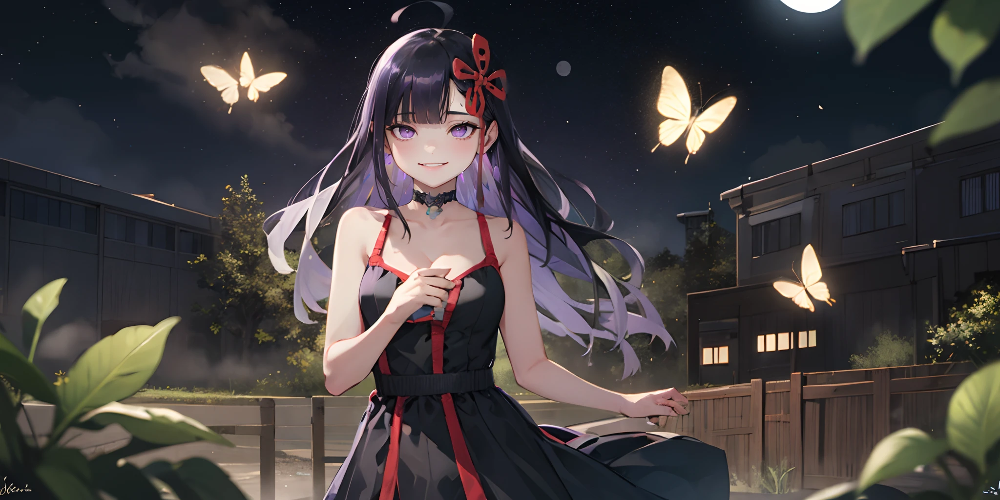 yamashiro768, (black hair, long hair, purple eyes:1.4), hair ornament, steaming body, fog, insect, bug, butterfly, blue_butterfly, butterfly_hair_ornament,1girl, dress, black_hair, butterfly_wings, moon, long_hair, solo, hair_ornament, butterfly_print, animal, black_dress, choker, full_moon, smile, collarbone, night, bangs, very_long_hair, bare_shoulders, blue_eyes, eyebrows_visible_through_hair, breasts, black_choker, sleeveless, bare_arms, sleeveless_dress, night_sky, holding, dragonfly, outdoors, squiggle, hair_between_eyes, clover, butterfly_net, hand_net, closed_mouth, sky, earrings, looking_at_viewer, animal_print, small_breasts, flower, cleavage, standing, blurry, ahoge, building, fence, instrument, four-leaf_clover, blurry_foreground