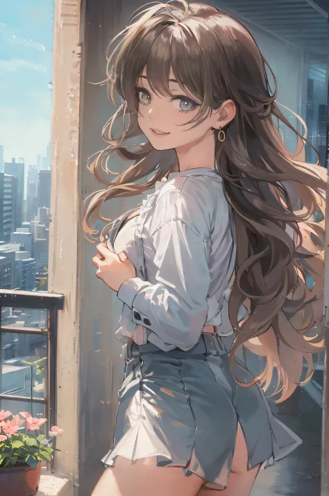 ((A beautiful and cute woman is standing on the terrace)), ((22-year-old beauty)), ((charming smile)), ((her long hair is blowing in the wind)), ((her miniskirt is It's waving in the wind)), (( You can see the cleavage of her plump bust from the blouse)), ...