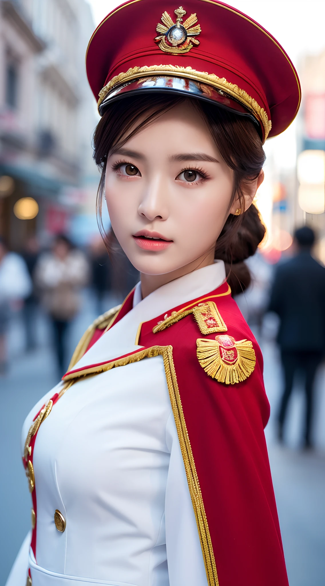 ((Realistic lighting, Masterpiece: 1.3)), (raw photo:1.2), Hyperrealist portrait Beautiful Chinese girl, 20 years old, ((skin white: 1.6)), beautiful eyes, very detailed eyes and face, (full real formal crimson red military uniform), (military cap), ((high rank)), military cape, charming cute face, natural makeup: 1.2, (military standing pose), chignon, Best quality, 8K, professional photography, (half body), street background